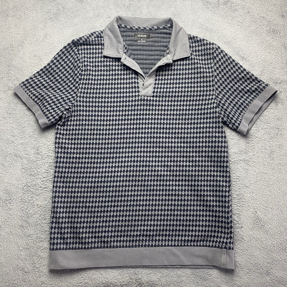 Alfani Short Sleeve Polo Shirt Men's Size Medium Grey And Dark Navy Pattern